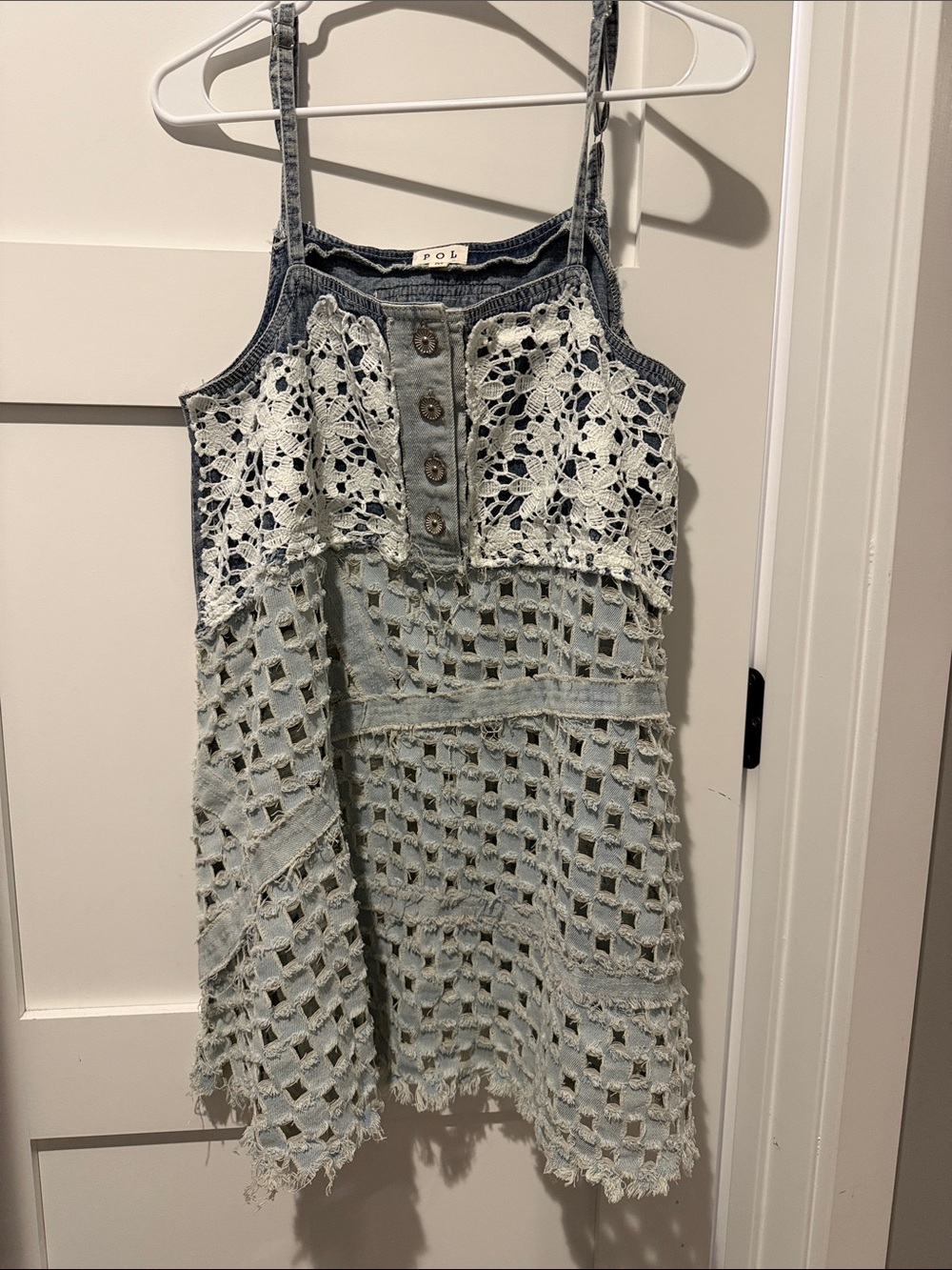 POL Light Wash Denim Shirt with White Crochet Overlay